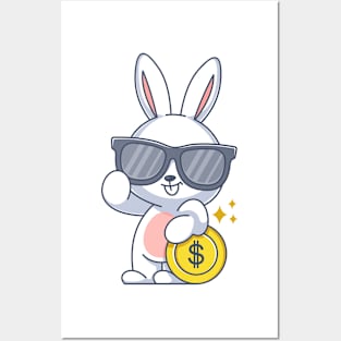 Cute bunny wearing glasses and leaning on a coin Posters and Art